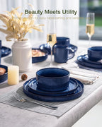 Famiware Star 16-Piece Stoneware Dinnerware Set, Service for 4 - Shallow Pasta Bowls & Flat Plates, Modern Rustic Reactive Glaze Dishes, Chip/Scratch Resistant, Microwave/Dishwasher Safe, Nebulas Blue
