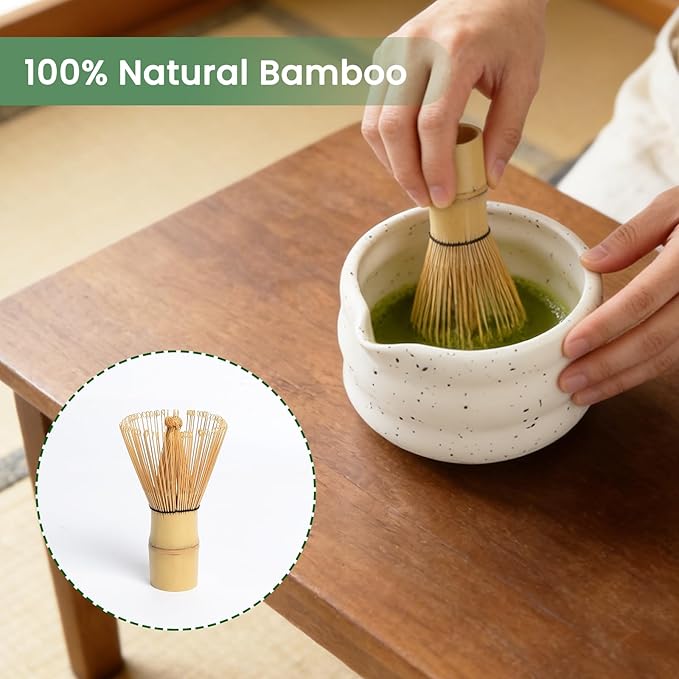 Matcha Whisk Set 8Pcs, Ceramic Japanese Tea Handmade Speckled Bowl Kit, Ceremony Starter Making Gifts, Boho Complete Fellow Matcha Tools Accessories with Spout Spoon Chasen Holder Sifter Tea Cloth