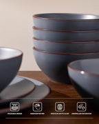Famiware Venus Plates and Bowls Sets, 12 Pieces Stoneware Speckled Dishes Dinnerware Set for 4, Matte Charcoal - Microwave & Dishwasher Safe, Modern Minimalist, for Everyday Meals & Formal Dining