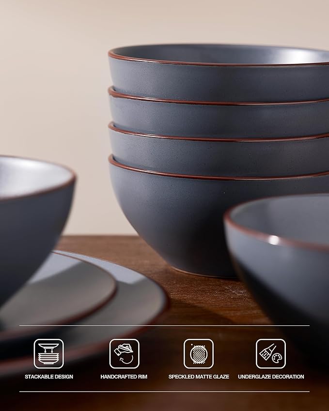 Famiware Venus Speckled Dinnerware Set with Pasta Bowls for 4 (16 Pieces), Stoneware Plates and Double Bowls, Matte Charcoal - Microwave & Dishwasher Safe Dishes with Trim for Everyday & Formal Use