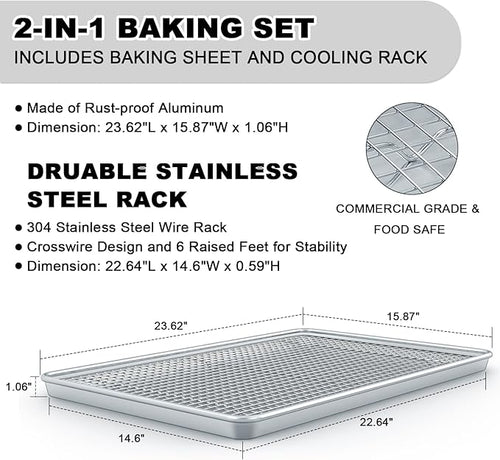 24 Inch Baking Sheet Pans with Rack Set, Natural Aluminum Cookie Sheet, Extra Large Commercial Quality Baking Sheet Pan Set, Warp Resistant Nonstick Thick Cookie Tray Pans for Baking, Roasting