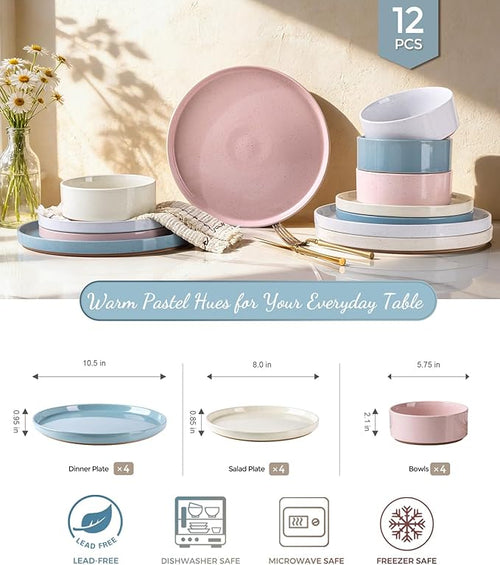 AmorArc Ceramic Dinnerware Set for 8 | Handpainted Stoneware Plates and Bowls with Rustic Terracotta Underside| Scratch Resistant,Dishwasher & Microwave Safe Dishes Sets- 24pcs Colorful