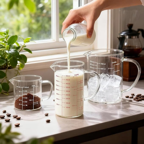 77L 3 Pack Glass Measuring Cup Set (1 1/4, 2 & 4 Cup) [Insulated handle, V-Shaped Spout], High Borosilicate Liquid Glass Measure Cup for Kitchen, Easy To Read, Dishwasher, Freezer, and Microwave Safe