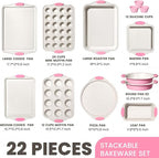 Kikcoin 22 PCS Nonstick Baking Pans Set, Stackable Bakeware Sets with Silicone Handles, 450°F Oven Safe Baking Sheet Set, Easy Release Cookie Sheets for Baking, Pink