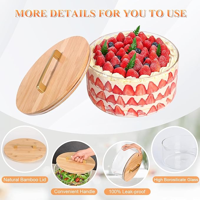 LOVYANXUE 9 inch Large Salad and Trifle Bowl Glass with Lid, 155 oz Versatile Mixing and Serving Dish for Fruit, Laying Ice Cream, Cake, Cupcake, Baking, and Dessert, Microwave Safe
