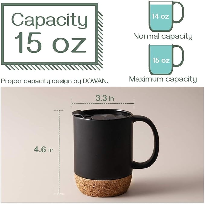 DOWAN Coffee Mugs, 15 oz Mug Set of 2, Large Ceramic Coffee Mug with Cork Bottom and Spill Proof Lid for Mom Dad, Big Mug for Latte Tea, Matte Grey