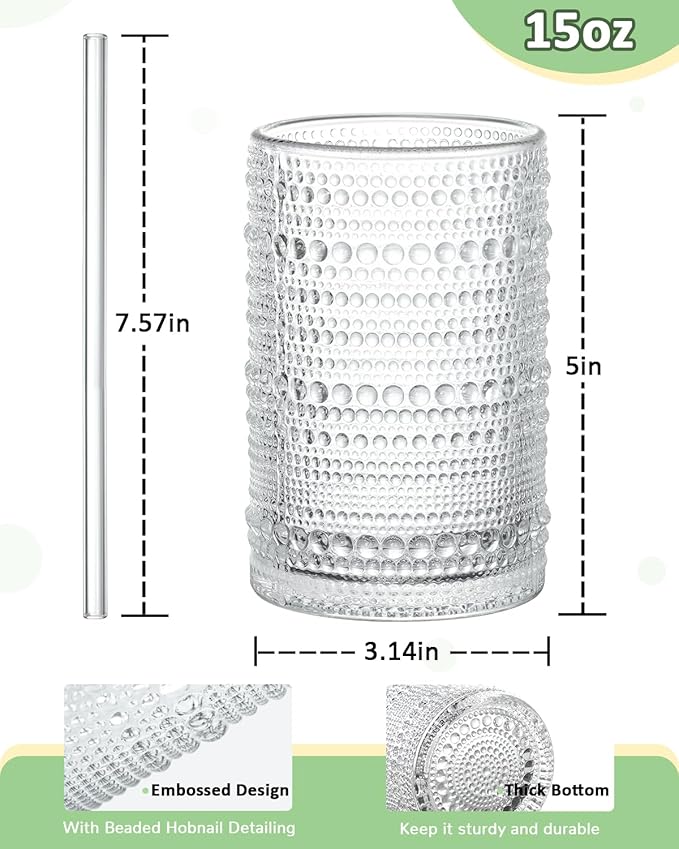 Large Capacity Glasses Drinking Set of 12, 15 oz Vintage Glassware Hobnail Glass Cups sets for Kitchen, Embossed Cocktail Glasses Set with Straws, for Beer, Juice, Cocktail, Whiskey, Milk