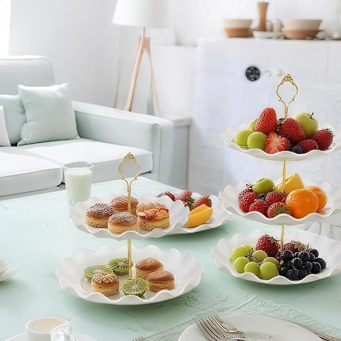 5 Pack Dessert Table Display Set, 2 Sets 3 Tier Cupcake Stand, 3 Pcs Food Serving Trays, Tiered White Plastic Cup Cake Tower for Birthday Baby Shower Wedding and Tea Party Supplies (5, Large)