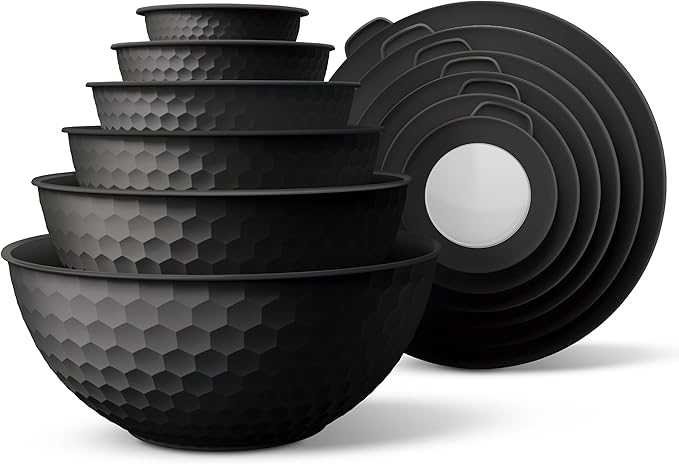 COOK WITH COLOR Mixing Bowls with Lids - 12 Piece Plastic Nesting Bowls Set includes 6 Prep Bowls and 6 Lids, Microwave Safe Mixing Bowl Set, Black Embossed