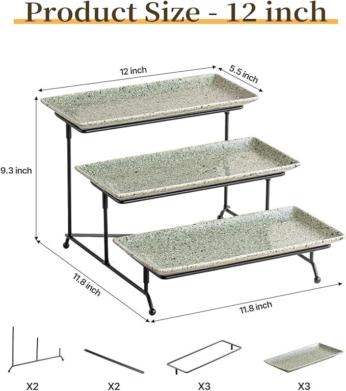LAUCHUH 3 Tier Serving Tray, Porcelain Serving Platters and Trays for Party 12 Inch Tiered Tray Stand Cupcake Stand with Collapsible Sturdier Rack for Mother's Day Serving Food, Speckled Gray