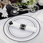 WELLIFE 350Pcs Black Plastic Dinnerware with Pre Rolled Napkins, Include:50 Dinner Plates, 50 Dessert Plates, 50 Paper Napkins, 50 Cups, 150 Plastic Cutlery