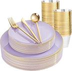 bUCLA 150PCS Purple Plastic Plates - Light Purple and Gold Disposable - Include 25 Each (Dinner & Dessert) lavender Plates, 25 Knives, 25 Forks, 25 Spoons & 25 Cups for Party, Birthday & Wedding