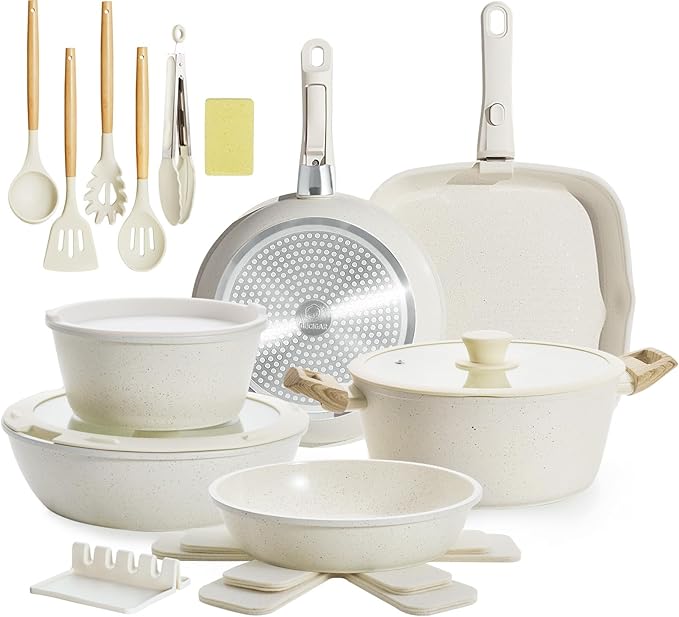 23pcs Ceramic Pots and Pans Set, Nonstick Detachable Handle Cookware, Induction Kitchen Cooking Set with Removable Handle,include Frying Pans & Saucepans Oven Safe, Induction, Stackable Set
