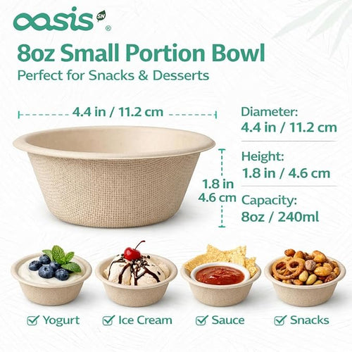 8 oz 128-Pack Compostable Paper Bowls, Small Disposable Dessert & Snack Bowls, Heavy-Duty Bagasse Bowls for Ice Cream, Sauce & Kids Meals, Microwave & Freezer Safe, Eco-Friendly (Natural)