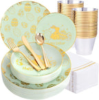 Festiva 175Pcs Easter Plates and Napkins Disposable - Green and Gold Plastic Dinnerware Set for 50 guests include 50 Plates 25Cups 25Plastic Silverware 25Napkins Perfect for Easter Party