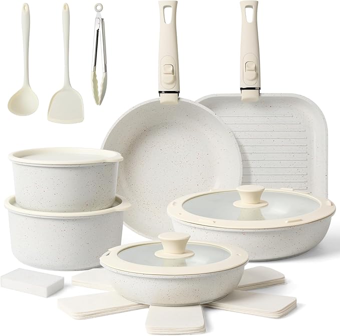Pots and Pans Set Non Stick 20PCS, Ceramic Cookware Set Detachable Handle Non Toxic Stackable Kithchen Set, Dishwasher Oven Safe Induction Compatiable Frying Pans Pots Skillets, White