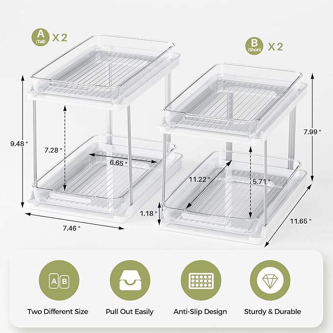 Delamu 2-Tier Bathroom Under Sink Organizers and Storage, Pull Out Cabinet Drawers with Anti-Slip Design & Two Sizes, Multi-Purpose Storage for Kitchen, Pantry, Bathroom & Home Organization, 4 Pack