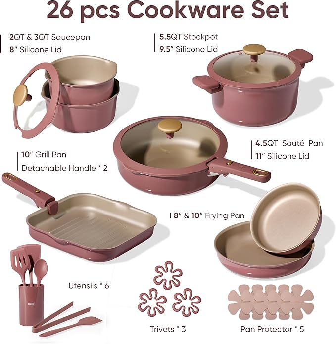 CAROTE 26 PCS Titanium Reinforced Nonstick Cookware Set with Detachable Handle, Pots and Pans Set Induction Compatible, Dishwasher & Oven Safe, Removable Handle, Red