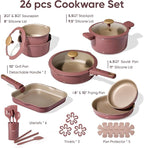 CAROTE 26 PCS Titanium Reinforced Nonstick Cookware Set with Detachable Handle, Pots and Pans Set Induction Compatible, Dishwasher & Oven Safe, Removable Handle, Red