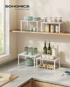 SONGMICS Cabinet Organizer Shelf, Set of 2 Kitchen Counter Shelves, Kitchen Storage, Spice Rack, Stackable, Expandable, Metal and Engineered Wood, Cloud White and Snow White UKCS02W01
