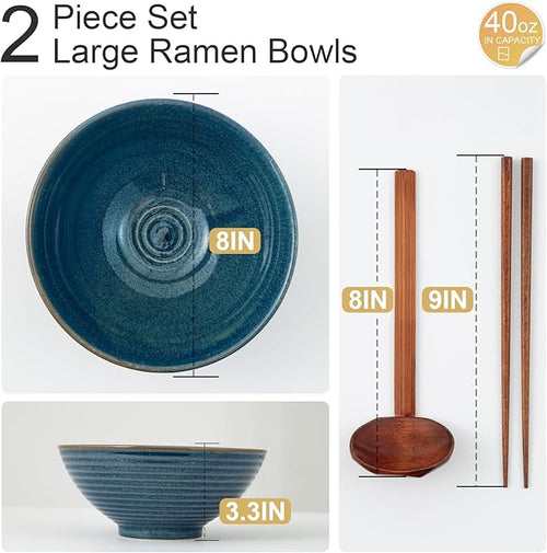 8 Inch Ceramic Ramen Bowl Set of 2, 40oz Japanese Bowls with Spoons & Chopsticks,Durable,Microwave & Dishwasher Safe,Perfect for Ramen,Pho,Salad,Soup,Noodles，Mixing bowls（Azure）