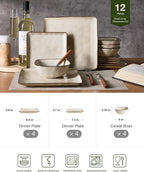 Famiware Dinnerware Sets for 4, Ocean Square 12-Piece Kitchen Plates and Bowls Sets, Microwave and Dishwasher Safe, Scratch Resistant, Light khaki