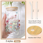 Mumufy 2 Pack Bridesmaid Gift Glass Cups, Cute Flower Mason Jars with Bamboo Lids & Straws, 16oz Iced Coffee Tumblers for Wedding, Bridal Party, Birthday, Mother's Day(Wild Flower2)