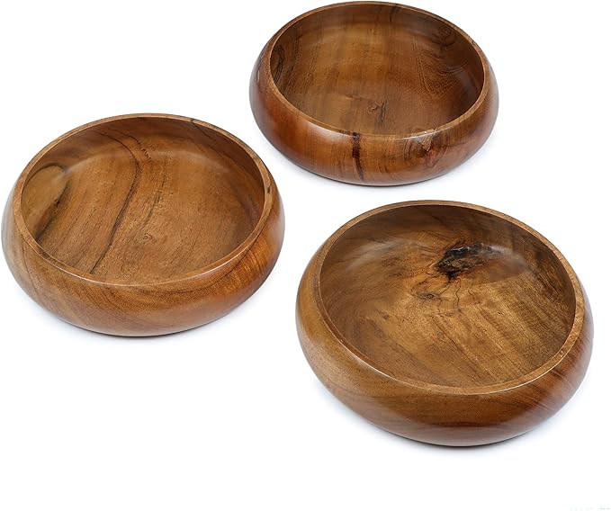 wooden bowls for food | Set of 3 individual acacia wood bowls 8 x 2 inches (25 oz) | Enjoy your salad, pasta, rice, acai, smoothie, soup, fruits, snacks