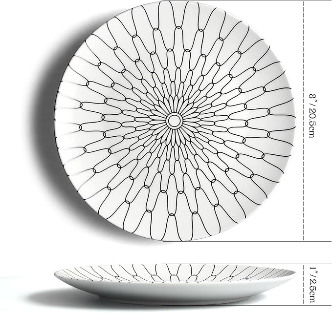 8-Inch Salad Plates Set of 6, Black White Grid Pattern Ceramic Plates, Checkerboard Design for Lunch, Pasta & Salad, Microwave & Dishwasher Safe