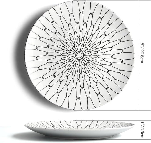 8-Inch Salad Plates Set of 6, Black White Grid Pattern Ceramic Plates, Checkerboard Design for Lunch, Pasta & Salad, Microwave & Dishwasher Safe