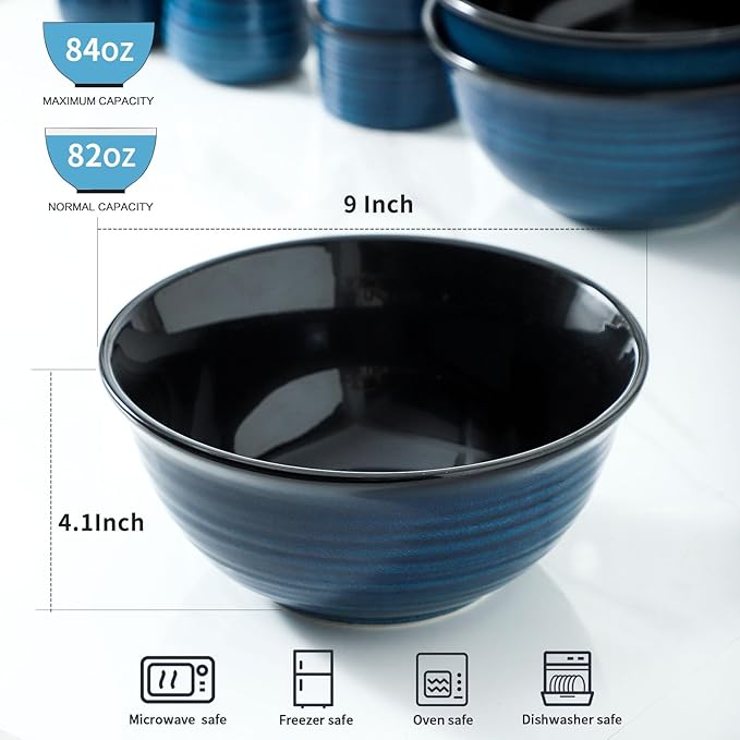 MEKY Serving Bowls, 84 Ounce Mixing Bowl Set of 2, 9 Inch Large Ceramic Salad Bowls for Kitchen, Perfect for Cooking Baking Soup Pasta Fruit and Popcorn, Microwave and Dishwasher Safe, Blue