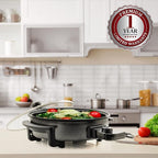 OVENTE 11.5-Inch Electric Skillet & Frying Pan, 1400W Nonstick Cooking Pan with Adjustable Temperature Control, Tempered Glass Lid with Steam Vent, Cool-Touch Handles, Easy-Clean Black SK11112B