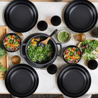 LIYH 16 Pcs Black Wheat Straw Dinnerware Set - Unbreakable Plates and Bowls Sets, Dish Sets for 4, Black Plastic Dinnerware Set Include Wheat Straw Dinner Plates Bowls Cups Kitchen & Camping