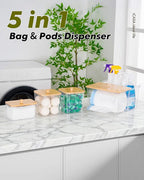 iCASA Trash Bag Dispenser Dishwasher Pod Holder - 5 in 1 Plastic Garbage Bag Under Sink Organizer, Acrylic Dryer Sheet Balls Laundry Pods Container with Bamboo Lid, Pantry Organizers and Storage Box