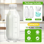 CUCUMI Moretoes 32 Oz Glass Milk Bottle with Reusable Strong Airtight Screw Lid, Reusable Glass Juice Bottles, Water Jug Breast Milk Pitcher, Buttermilk, Nut, Juice, Syrup, Coffee Creamer (4 Pack)