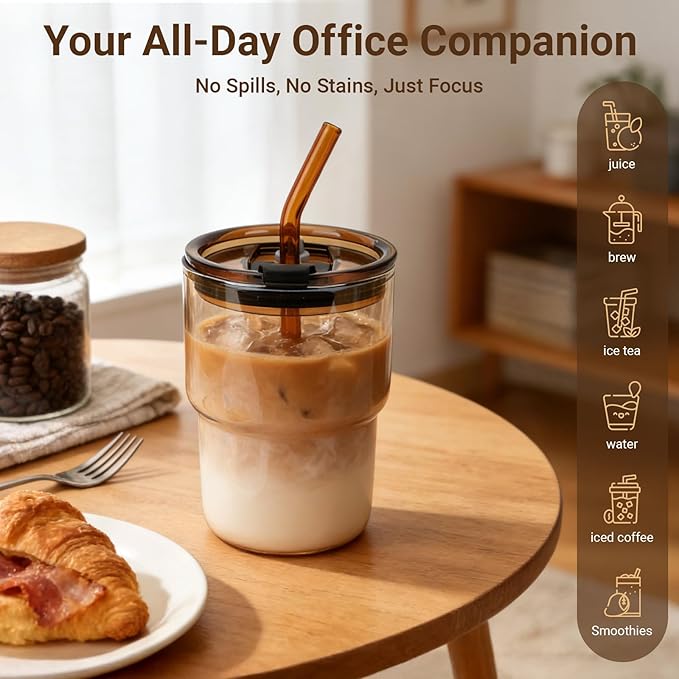 Luxfuel 16 oz Glass Tumbler with Lid & Straw, Reusable Iced Coffee Cup & Smoothie Cup, Leak-Proof Borosilicate Glass for Coffee, Iced Tea, Water – 2 Pack, Ideal for Office, Home & Travel, Iridescent