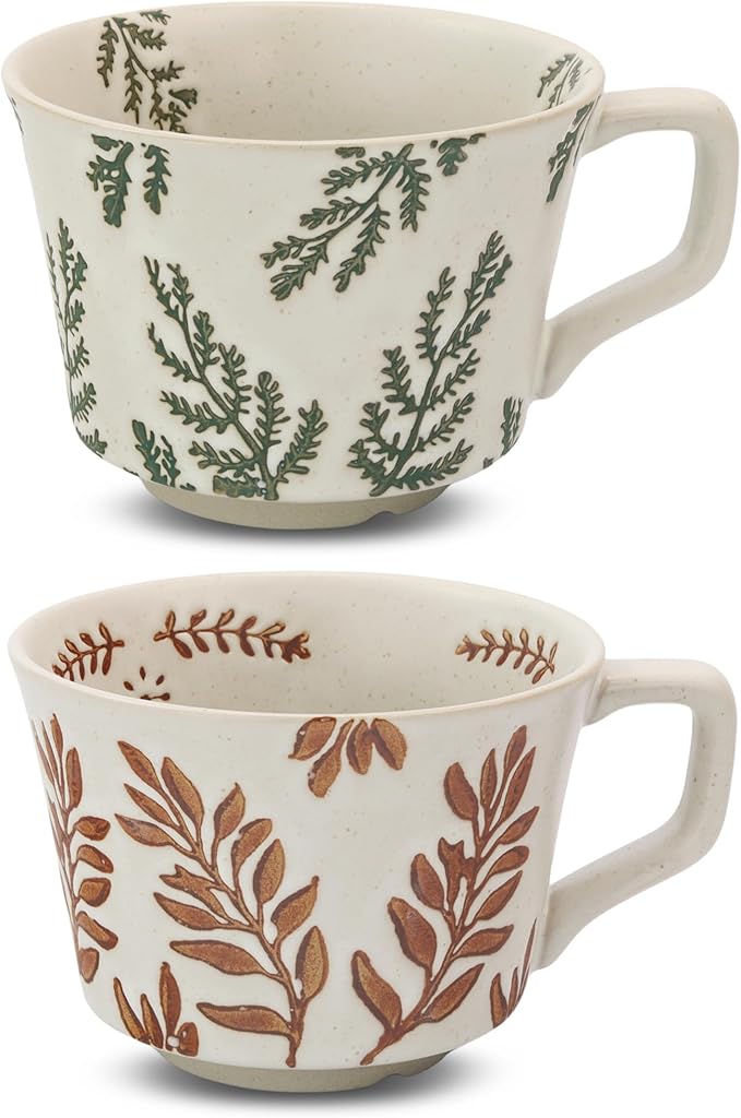 Ceramic Coffee Mug, 12 oz Small Novelty Unique Teacup with Handle, Stoneware Cup for Tea Mocha Latte Cappuccino (Set of 2, Ivy and Leaf)