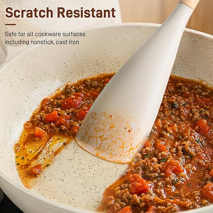 3 PACK Cooking Spatula Spoon for Nonstick Cookware, Multifunction Spoonula Great for Cooking, Serving, Baking, Mixing, Stirring, Scoop, Scrape - Sturdy BPA-Free Heat Resistant Silicone & Wood Handle
