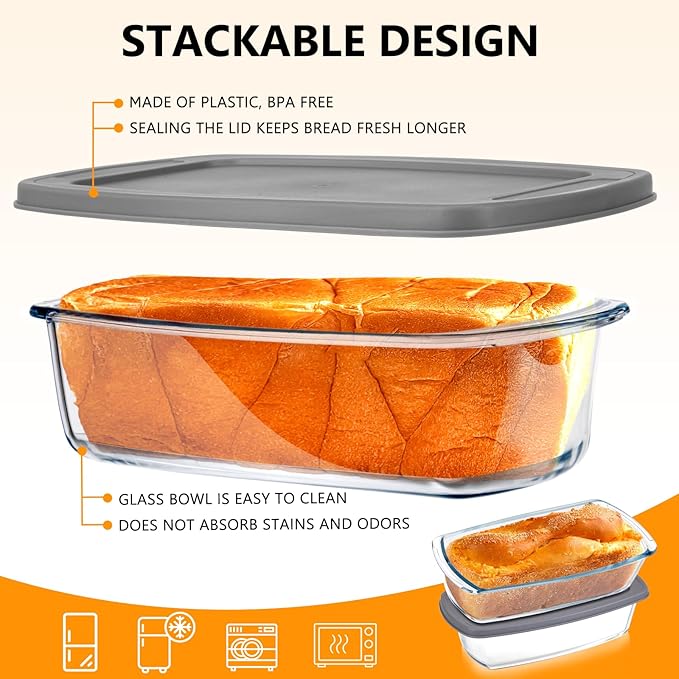 Glass Loaf Pans for Baking Bread with Lids - 1.9 Qt Glass Loaf Pan | Oven, Dishwasher, Fridge, Freezer & Microwave Safe, Bread Pan Suit for Lasagna, Meatloaf, Banana - 2Pcs