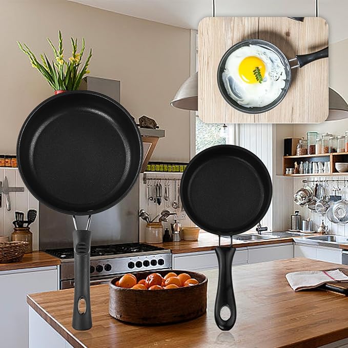 Flylin 2 PCS Skillet Set, Portable Mini Frying Pan with Marble Coating Non-Stick and Heat Resistant Handle, Skillet Deeper Skillet Pan for home Frying Saute Cooking Pizza Omelette Steak (12cm+16cm)