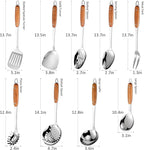 304 Stainless Steel Cooking Utensils Set,9PCS Metal Kitchen Utensils Set with Wooden Handle,Solid Spoon,Spatula,Ladle,Skimmer Spoon,Spaghetti Spoon,Dishwasher Safe