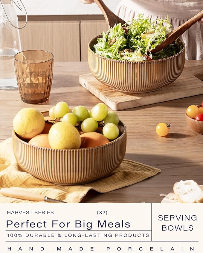 getstar Large Serving Bowls (8 inch & 60 fl oz), Ceramic Salad Bowl Set of 2, Microwave and Dishwasher Safe, Farmhouse Kitchen Decorative Bowls Set (Embossed Stripes, Vintage Yellow)