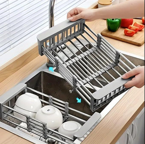 Adjustable Dish Drying Rack with Stainless Steel Drain Basket Over-The-Sink - Portable & Telescopic Space-Saving Solution for Fruit Vegetable