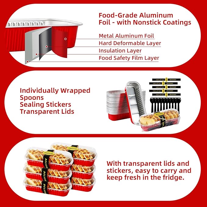Mini Loaf Pans with Lids and Spoons Sealing Sticker,30 Pcs 6.8oz Cake Pans for Baking Disposable Aluminum Foil Christmas Red cake pan (30 Pack Red)