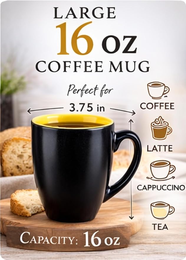 GBhome 12oz Coffee Mugs Set of 6, Large Ceramic Coffee Mugs for Man, Woman, Dad, Mom, Modern Coffee Mugs Set with handle for Tea/Latte/Cappuccino/Milk/Cocoa. Dishwasher&Microwave Safe,Yellow