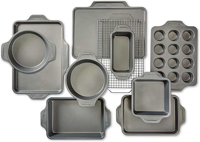 All-Clad Pro-Release Nonstick Bakeware Set 10 Piece Oven Safe 450F Half Sheet, Cookie Sheet, Muffin Pan, Cooling & Baking Rack, Round Cake Pan, Loaf Pan, Baking Pan Grey