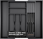9-Piece Bamboo Kitchen Drawer Organizer Set, Expandable Silverware &Utensil Organizer with Removable Knife Block & Steak Knives, Flatware Organization, Tableware Dividers Storage(Black)
