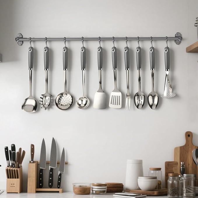 10 Piece Stainless Steel Cooking Utensils Set - 18/0 Heavy Duty Kitchen Tools for Grilling & Serving (Grey)