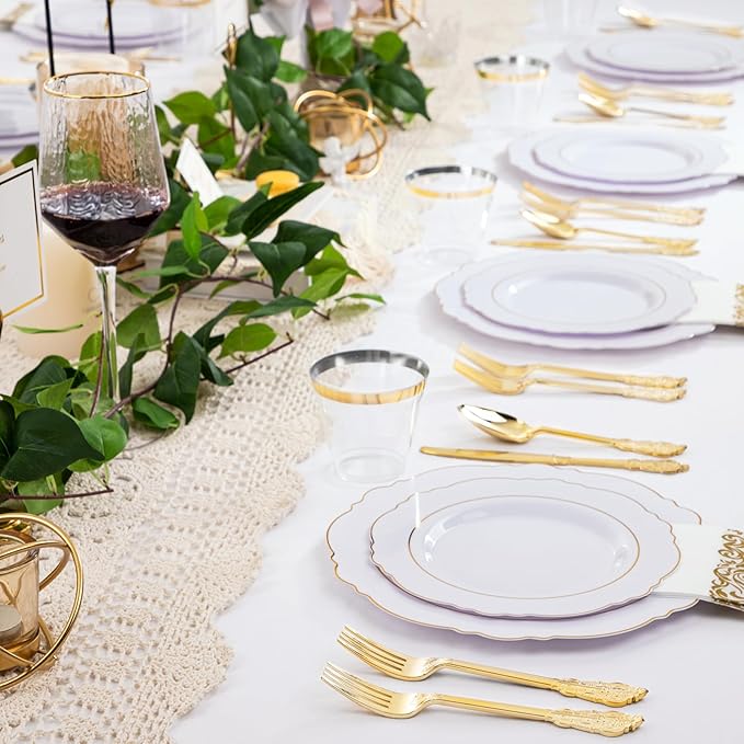 WDF Partyware 350 Pieces Gold Disposable Plates for 50 Guests, Plastic Plates for Party, Dinnerware Set of 50 Dinner Plates, 50 Salad Plate, 50 Spoons, 50 Forks, 50 Knives, 50 Cups for Mother's Day