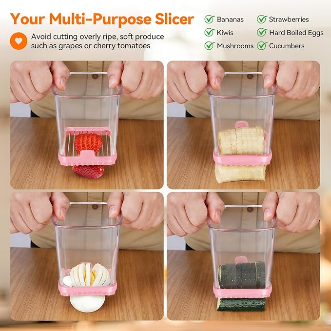 3-in-1 Strawberry Banana & Egg Slicer Cup | Detachable Fruit Cutter with Push Plate for Effortlessly Safe Slicing | Quick Meal Prep & Snacks Kitchen Gadget (Pink)